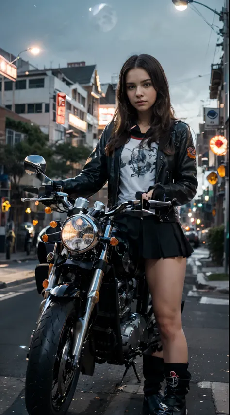 17-year-old Waifu posando na frente de uma motocicleta futurista, the motorcycle has skulls and blue flames highly detailed 3D graphics, night scenery with full moon in the background, she is wearing a Red SchoolUniform with 3D skulls and flames and Sailo...