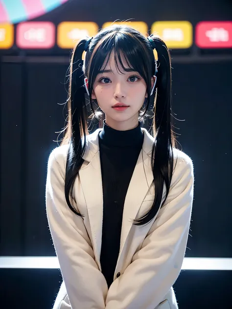 40-year-old Japanese woman、Black Hair、Hair is very short、Twin tails、Hatsune Miku Costume、Headphones、Flat Chest、Realistic photos、Realistic、8K quality、expensive、No bangs、High resolution, Highest quality, Anatomically correct, Winner of numerous awards, Ultra...