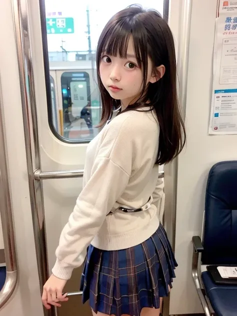 Elementary school AV actress,Show me your ass，School uniforms，young，bangs，(Browsing Caution:1.2)，In a crowded train，Naughty gaze