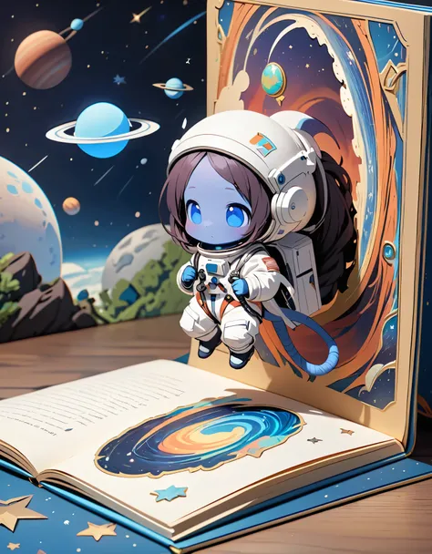 (masterpiece:1.2, Highest quality),(Very detailed),8k,wallpaper,A pop-up book featuring a blue-skinned, dreadlocked, cute-tailed alien woman taking a spacewalk
