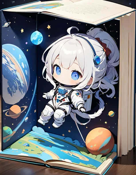 (masterpiece:1.2, Highest quality),(Very detailed),8k,wallpaper,A pop-up book featuring a blue-skinned, dreadlocked, cute-tailed alien woman taking a spacewalk
