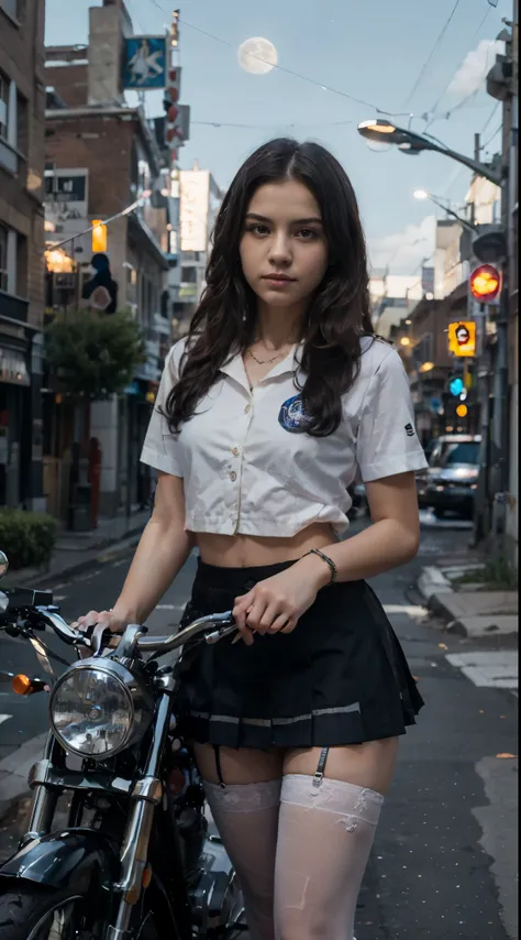 17-year-old Waifu School Girl posando na frente de uma motocicleta futurista, the motorcycle has skulls and blue flames highly detailed 3D graphics, night scenery with full moon in the background, she is wearing a White SchoolUniform with 3D skulls and fl...
