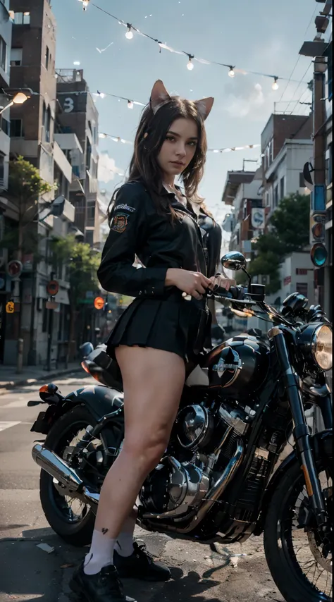 17-year-old Waifu Egirl, Cat Ears, Cat Tail, posando na frente de uma motocicleta futurista, the motorcycle has skulls and blue flames highly detailed 3D graphics, night scenery with full moon in the background, she is wearing a White SchoolUniform with 3D...