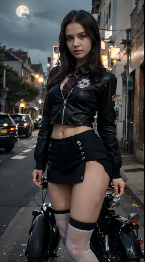 17-year-old Waifu School Girl posando na frente de uma motocicleta futurista, the motorcycle has skulls and blue flames highly detailed 3D graphics, night scenery with full moon in the background, she is wearing a  White SchoolUniform with 3D skulls and fl...