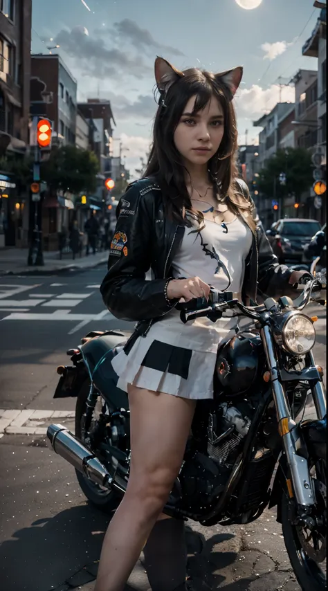 17-year-old waifu egirl, cat ears, cat tail, posando na frente de uma motocicleta futurista, the motorcycle has skulls and blue ...