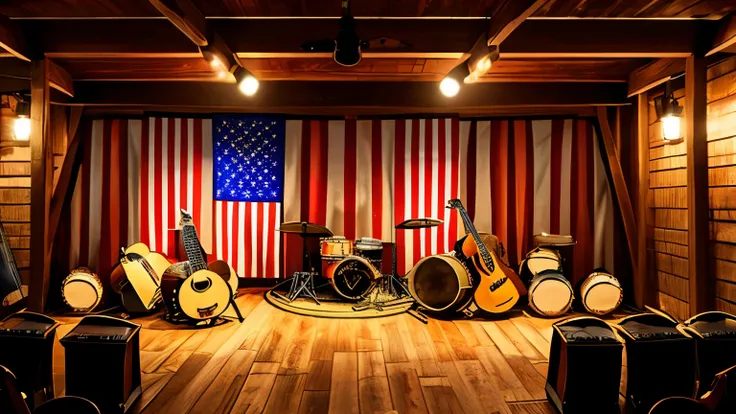 "Indoor American country music stage, with a banjo, a double bass and a guitar highlighted. Orange and yellow stage lights create an inviting atmosphere. Western-style decor includes wooden barrels, cowboy hats hanging and an American flag in the backgroun...