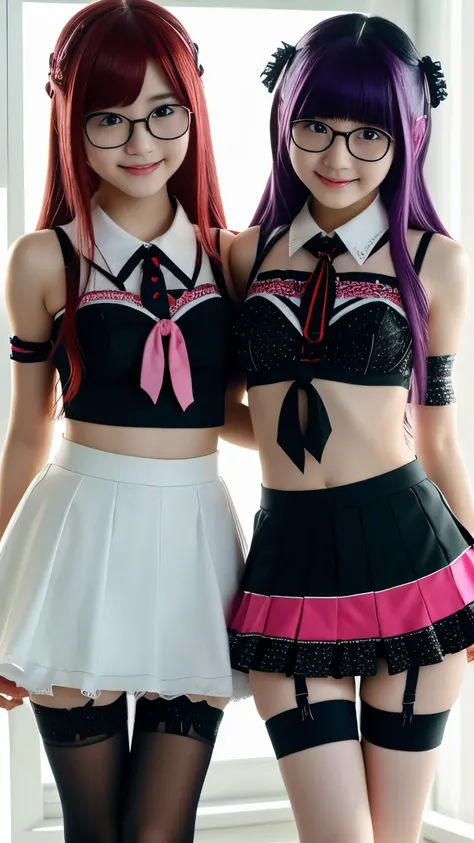 two 18 year old tween girls trying on cute clothes, two close friends, k-pop idol, colored hair, collar, skinny body, detailed f...