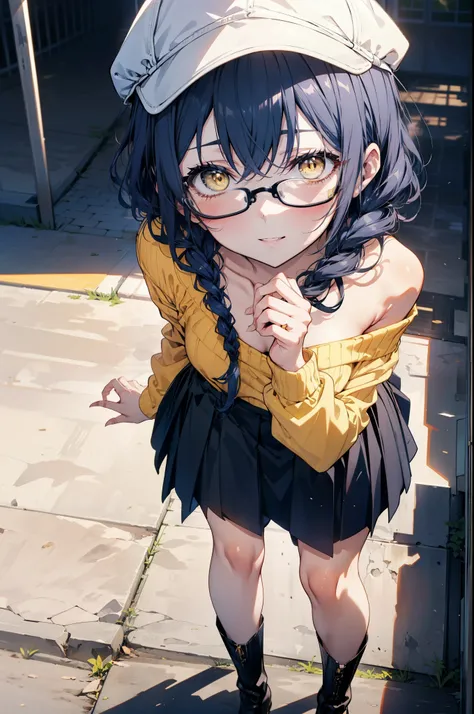 you like it, Umi Sonoda, Long Hair, Blue Hair, (Yellow Eyes:1.5) (Flat Chest:1.2),Blue one-shoulder sweater,Long skirt,short boots,Baseball hats,Black-rimmed glasses,Long braids,smile,Walking,morning,morning陽,The sun is rising,On the way to school,whole bo...