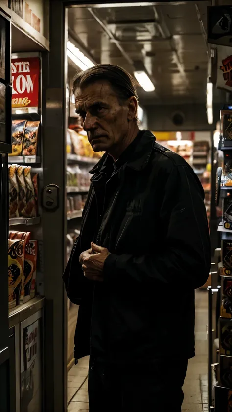 Man retired from war, perfect face, well detailed, scared in a convenience store, in the middle of the night, (super-realistic image), (horror movie atmosphere), (poster), (dark color palette)