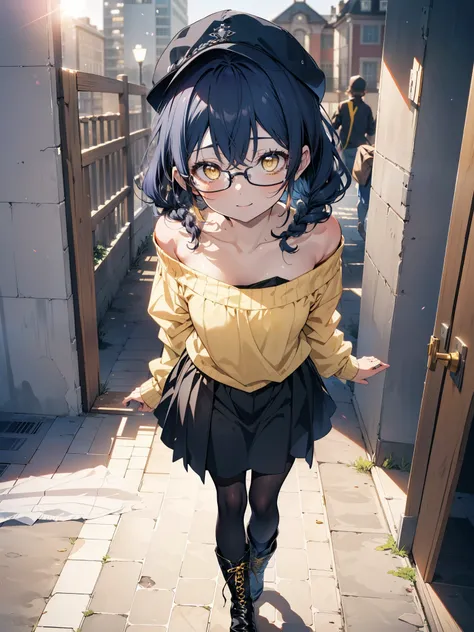 you like it, Umi Sonoda, Long Hair, Blue Hair, (Yellow Eyes:1.5) (Flat Chest:1.2),Blue one-shoulder sweater,Long skirt,Black pantyhose,short boots,Baseball hats,Black-rimmed glasses,Long braids,smile,Walking,morning,morning陽,The sun is rising,On the way to...