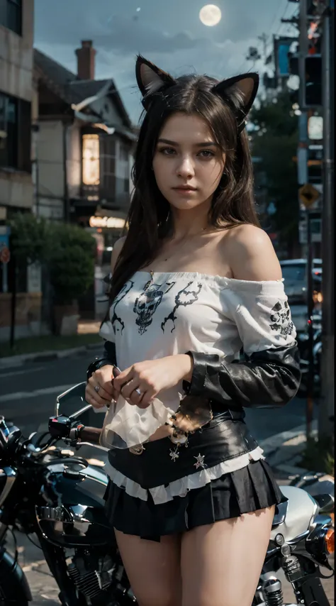 17-year-old Waifu  E-Girl, Cat Ears, Cat Tail, posando na frente de uma motocicleta futurista, the motorcycle has skulls and blue flames highly detailed 3D graphics, night scenery with full moon in the background, she is wearing a White Off-shoulder Blouse...