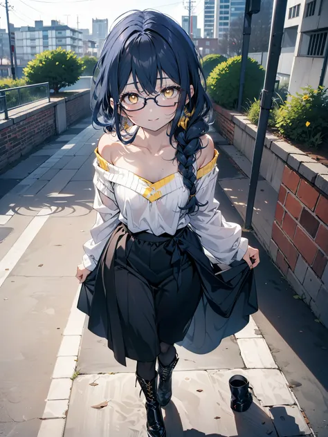 you like it, Umi Sonoda, Long Hair, Blue Hair, (Yellow Eyes:1.5) (Flat Chest:1.2),Blue one-shoulder sweater,Long skirt,Black pantyhose,short boots,Baseball hats,Black-rimmed glasses,Long braids,smile,Walking,morning,morning陽,The sun is rising,On the way to...