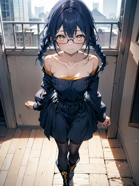 you like it, Umi Sonoda, Long Hair, Blue Hair, (Yellow Eyes:1.5) (Flat Chest:1.2),Blue one-shoulder sweater,Long skirt,Black pantyhose,short boots,Baseball hats,Black-rimmed glasses,Long braids,smile,Walking,morning,morning陽,The sun is rising,On the way to...