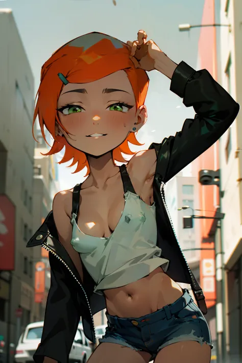 (Masterpiece), Best Quality, ultra-detailed, 1girl (Gwendolyn_Tennyson,  breasts, orange hair,  short hair, green eyes, half-closed  eyes), a  seductive face,  wicked smile, parted lips,  facing viewer, looking at viewer, solo, black  jacket, leather jacke...