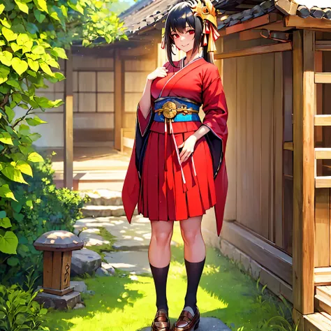 a woman using helm shoes, smile, crossed bangs ,Red eyes, red kimono, short hakama, skirt,golden phoenix mask on head.  black socks, wide socks,wide sleeves,zetai ryouiki, black hair, long hair, pigtails, hair bows, ahoge, short kimono, shoulder to shoulde...