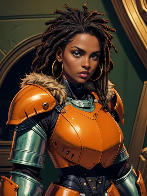 black woman with dark skin, dread locks, black hair, pretty face, hoop earrings. (orange high tech power armor:1.2), (heavy armo...