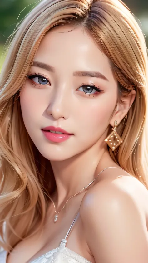 (RAW Photos, 最high quality), (Realistic, photo-Realistic:1.3), 最high quality ,masterpiece, Cowboy Shot、Hostess、fancy cocktail dresses、pink lipstick, Flashy makeup, Long eyelashes, Earrings, Apply eyeliner, Fair skin, bionde,(cute), (Detailed face), Detaile...