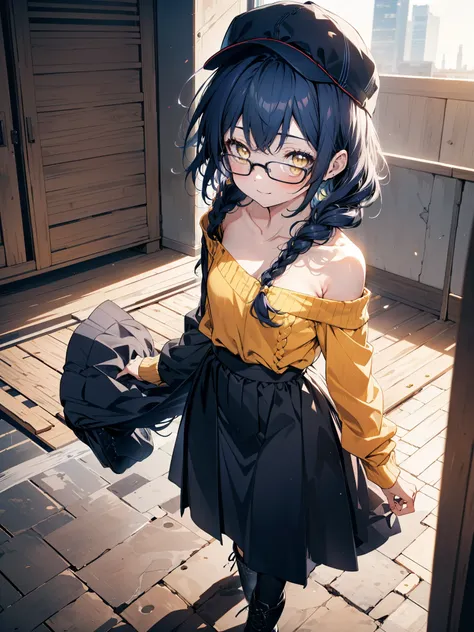 you like it, Umi Sonoda, Long Hair, Blue Hair, (Yellow Eyes:1.5) (Flat Chest:1.2),Blue one-shoulder sweater,Long skirt,Black pantyhose,short boots,Baseball hats,Black-rimmed glasses,Long braids,smile,Walking,morning,morning陽,The sun is rising,On the way to...