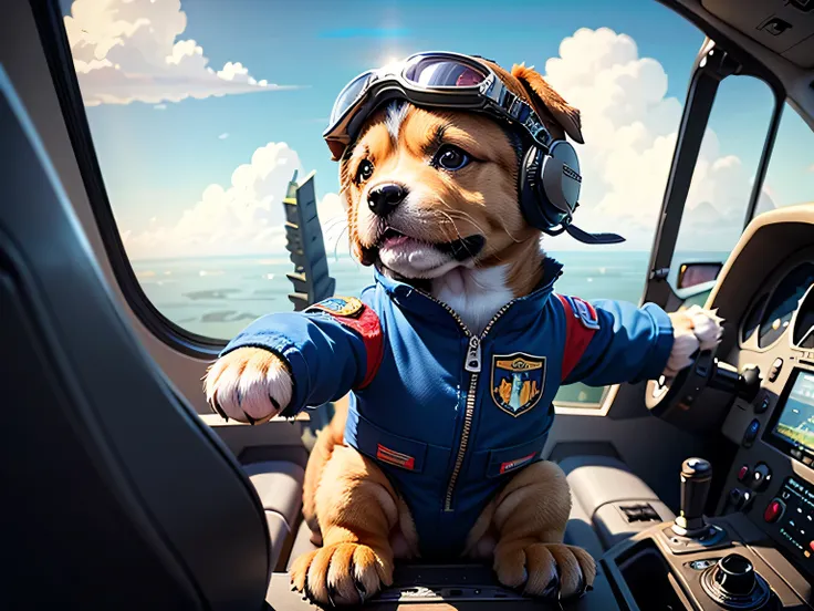 (a fighter jet piloted by a puppy is flying in the sky:1.5)、cockpit, puppy pilot sits in the cockpit、 1 puppy、(puppy pilot in th...