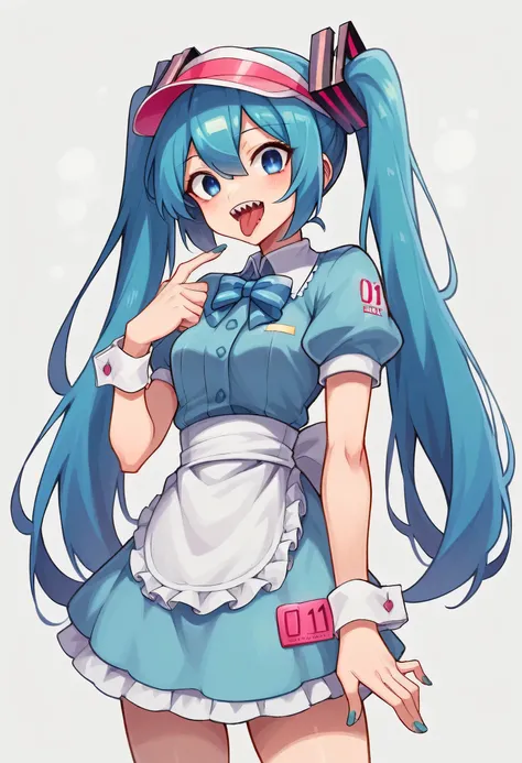 Hatsune Miku as depicted in the Mesmerizer AMV by 32ki.Weight: 1.0Trigger + Appearance: mesmerizermiku, twintails, hair bow, striped bow, blue eyesDefault Outfit: visor cap, frills, blue dress, vertical-striped dress, buttons, puffy short sleeves, wrist cu...