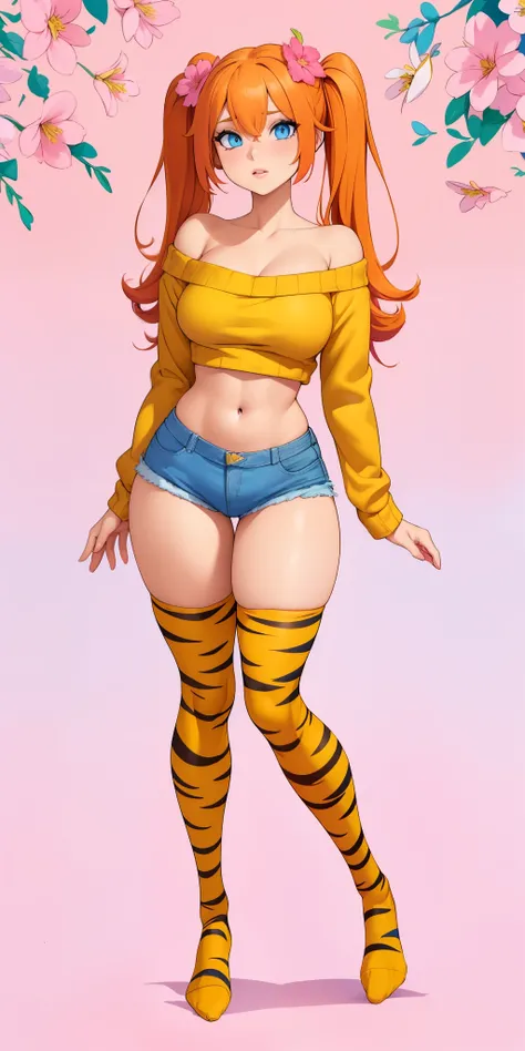 ((Masterpiece, Pink flowers background:1,2, masterpiece)) full body standing yellow tiger print stockings, denim shorts, red off-shoulder sweater, navel (Karane) (blue eyes:1.5) orange hair, hair between eyes, long hair twintails