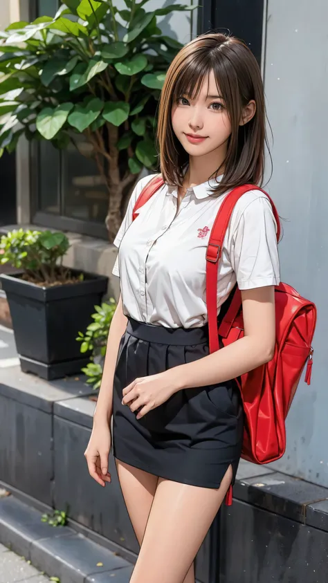 ((masterpiece)),(((Highest quality))),Thin thighs,Long legs,An 18-year-old woman standing on the steps of her school，Japan Uniform:1.5，White Camellia Floral Lace Bra:1.5,Open Chest White Shirt，The best smile,Short blonde:1.5，short side wave，Carrying a blac...