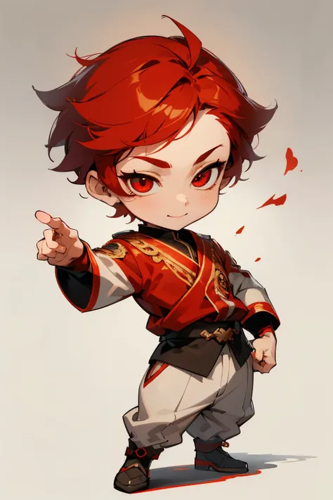 boy, full body, smile, thanks pose, cartoon style, chibi style, cute, beautiful face, red color eye, beautiful eye, high detailed pupil, double eyelid, high detailed skin, high quality skin, red color hair, white clothes, professional lighting, real shadow...