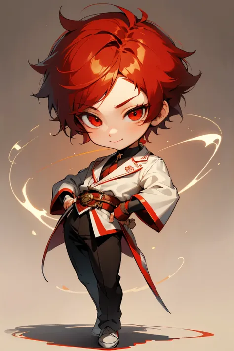 boy, full body, smile, thanks pose, cartoon style, chibi style, cute, beautiful face, red color eye, beautiful eye, high detailed pupil, double eyelid, high detailed skin, high quality skin, red color hair, white clothes, professional lighting, real shadow...