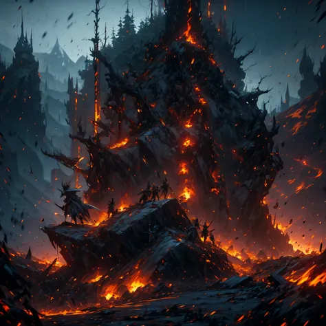 "devastated battlefield, with elves facing dark elves. Several bodies of elves and dark elves scattered across the ground, with broken weapons and damaged shields around. The scenery is bleak, with a cloudy and gray sky, destroyed trees and smoke rising fr...