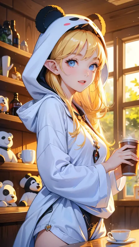 work of art, epic details, ultra detaild, best resolution, blonder woman, BEAUTIFUL ELF, rosto angelical, sculptural body, wearing white kigurumi pajamas with a panda bear hood, perfect hands, expression of happiness, Grinning, big simple smile, Scenario: ...