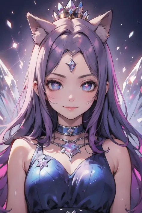 ((best quality)), ((masterpiece)), (detailed), detailed gemstone eyes, pupils are a white star, well-proportioned detailed crystal eyes, 1 crystal eight-point star on forehead, delicate and beautiful detailing, beautiful face, round detailed eyes and makeu...