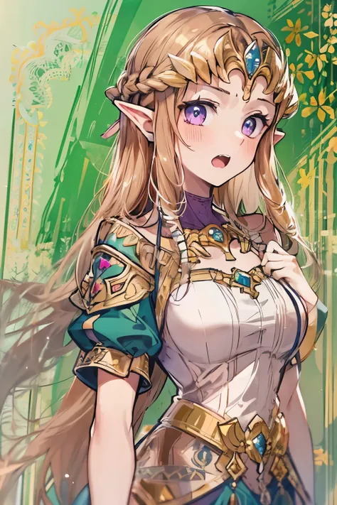 ((surprised),((Scared)),((valley)),((((Exposed shoulders)))),(((Looking up))),,(((Golden hair ornament)),,(((Long Hair)))),((Big Breasts)),((((Exposed shoulders)))),((Front Face)),Princess Zelda, ((highest quality)),,(Very detailed) ,,((Purple blouse)),Bro...