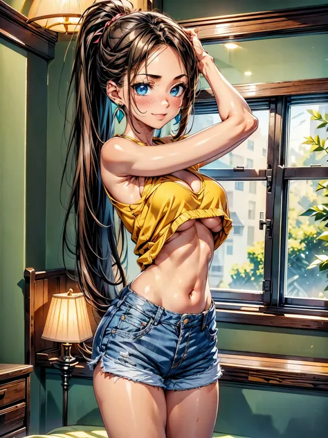 1girl, solo, beautiful girl, brunette skin, blue eyes, detailed anime style, perfect anatomy, perfect hands, narrow waist, medium breasts, long hair, brown hair, high ponytail, asymmetrical bangs, blue eyes, detailed eyes, blush, emerald earrings, orange s...