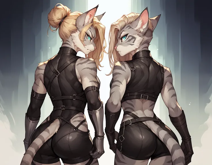 Duo, score_9,score_8_up,score_7_up, score_6_up, score_5_up,source_anime, Kat, Anthro furry feline, silver fur, grey stripes on body, blue eyes, long blonde hair, undercut hair, one side of hair shaved, pink nose, :3, wearing black leather sleeveless cuiras...