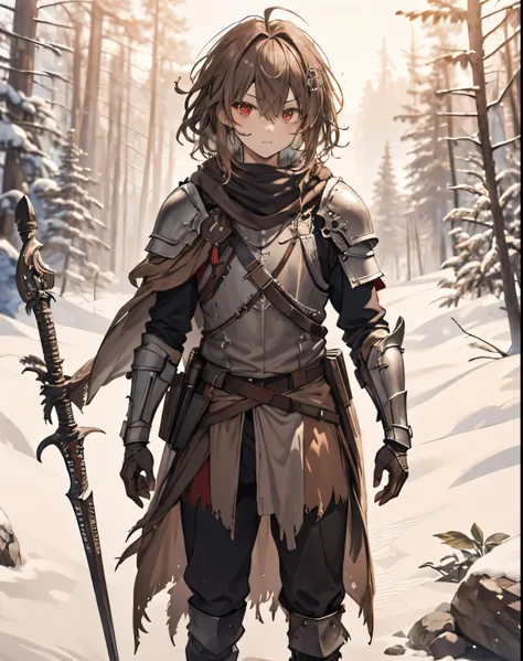 masterpiece, 1men, sparrow, a brown haired men, wearing a black teutonic medieval armored knight, curly medium hair, messy hair, slim body, wearing knight clothes, he close her left eye, shirt ornament, serious expression, red eyes, stand at snowy forest, ...