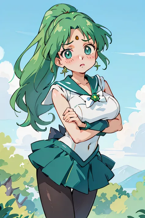 Tabletop, Highest quality, One Girl, (Sailor Neptune),Green Hair, (Green Eye:1.2),((leotard))、((Knee-high boots))、((pantyhose))、Hair length、ponytail、((Embarrassed expression))、((Poses that accentuate the chest))、((mini skirt))、((threshold)), Beautiful and ...