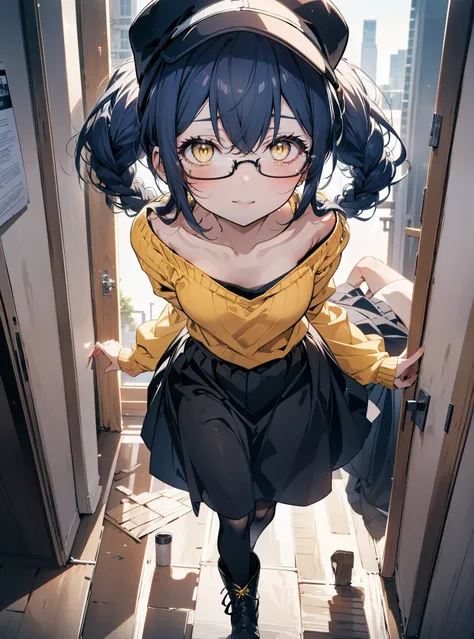you like it, Umi Sonoda, Long Hair, Blue Hair, (Yellow Eyes:1.5) (Flat Chest:1.2),Blue one-shoulder sweater,Long skirt,Black Pantyhose,short boots,Baseball cap,Black-rimmed glasses,Long braids,smile,walk,morning,morning陽,The rising sun,On the way to school...