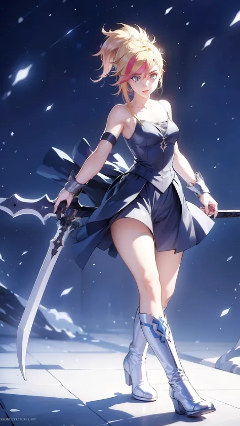 1 girl, Super long hair, Ultra detailed face, Glistening lips, Sparkling blue eyes, Very long ponytail, an elegant walk, catwalk, Holding a huge sword, blonde, Long eyelashes, Knee-high boots , Look up at the sky, Starry Sky, Super huge sword 