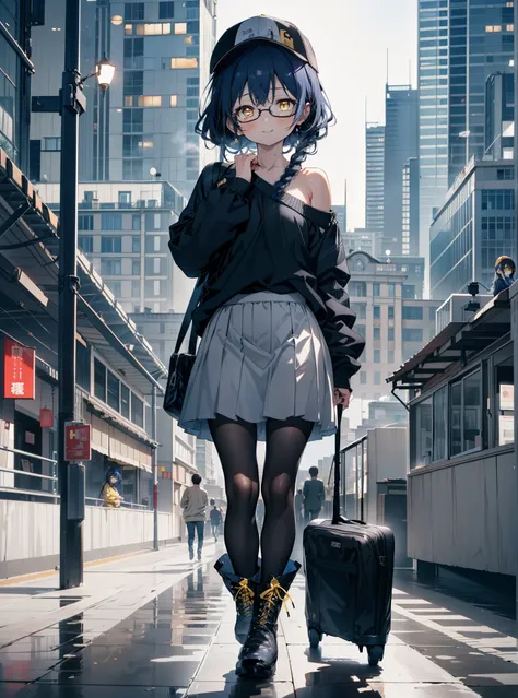 you like it, Umi Sonoda, Long Hair, Blue Hair, (Yellow Eyes:1.5) (Flat Chest:1.2),Blue one-shoulder sweater,Long skirt,Black Pantyhose,short boots,Baseball cap,Black-rimmed glasses,Long braids,smile,walk,morning,morning陽,The rising sun,On the way to school...