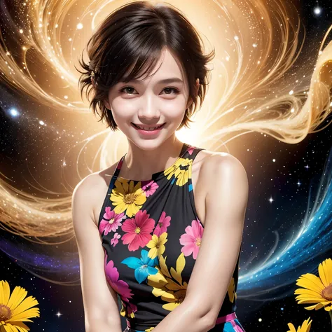 258 19-year-old female, (short hair),(Abstract background,universe), smile, flower