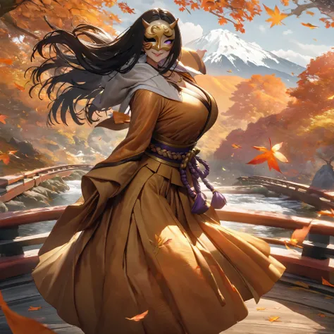 A woman wearing an orange monk uniform with long sleeves, a long dress,Japanese style necklace around the neck, on a Japanese aesthetic bridge, autumn trees, orange leaves,white hood in hair, big breasts,several orange leaves falling, orange aura, orange e...