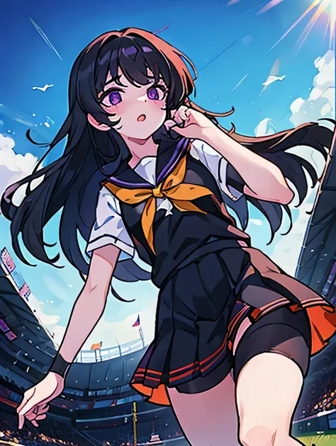 A 14 year old girl, Named: Robin, with long black hair, purple eyes, and white skin tone, has an emo personality, likes dark things and horror things, Wearing an orange cheer uniform, Standing on a school football field, Ashamed, (During a sunny day).