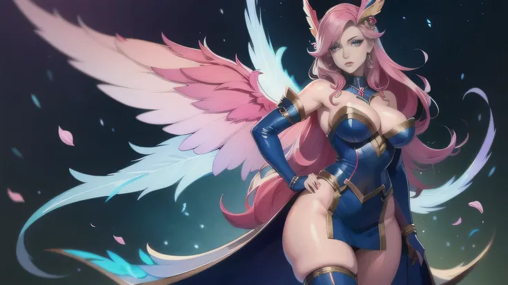 ((best qualityer)), ((work of art)), (detailded), 1 girl, ombro to ombro sweater, photorrealistic, high resolution, 1 women, mature woman, standing alone, hips up,purples eyes, cuddly, Star Guardian (League of Legends), pink  hair, mitts, long hair, thicc ...