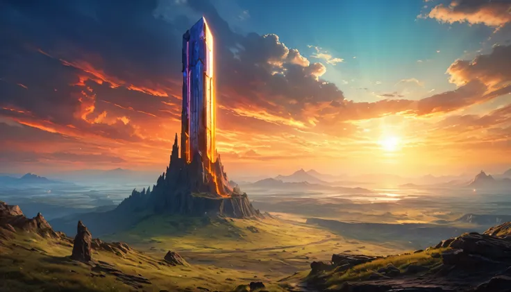 (anime, fantasy, titanium beacon), (best quality, highres, HDR:1.2), vibrant colors, mysterious atmosphere, huge titanium beacon on the horizon, sci-fi beacon, weathered, crumbling down, general shot, ethereal light, fantastical landscapes