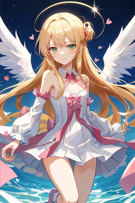 1_girl, (anime, kawai:2), (masterpeice, best_quality, clean:1.5), (sky_background:1.2), (cute, cute_smile, wholesome, young:1.8), (delicate, extremely_delicate, beautiful, thin:1.5), (girlfriend, angel:1.8), (green_eyes, simple_eyes:1.8) (long_hair, blond_...