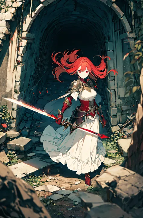 4k,hight resolution,one woman,bright red hair,longhaire,red eyes,knights,white sacred armor,jewel decorations,big sword,medieval...