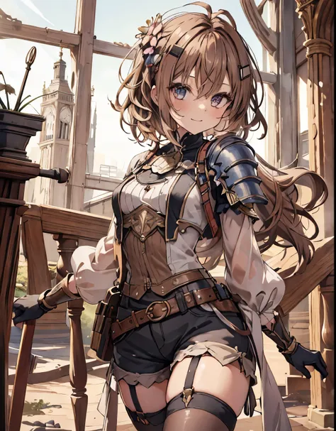 masterpiece, 1girl, sparrow, a brown haired girl, wearing a adventurer clothes, curly short hair, messy hair, slim body, he clos...