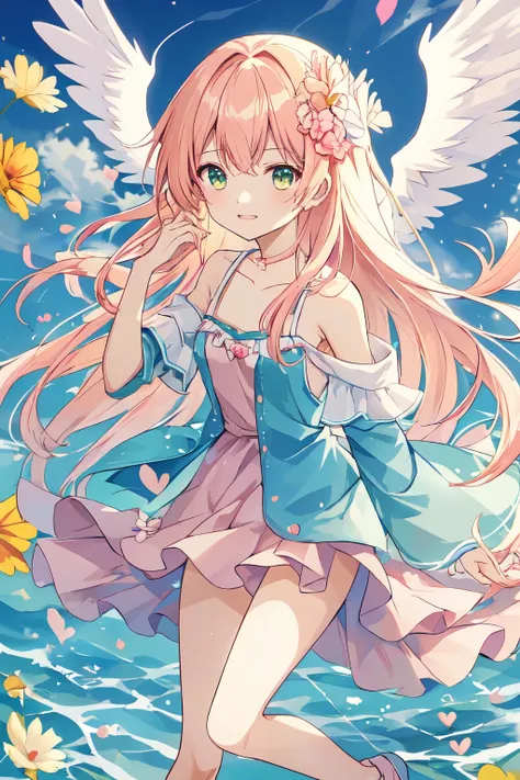 1_girl, (anime, kawai:2), (masterpeice, best_quality, clean:1.5), (sky_background:1.2), (cute, cute_smile, wholesome, young:1.8), (delicate, extremely_delicate, beautiful, thin:1.5), (girlfriend, angel:1.8), (green_eyes, simple_eyes:1.8) (long_hair, blond_...
