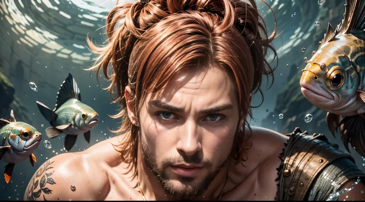 A strong man, short pink hair, short beard, has orange eyes, is underwater, has tattoos all in shades of black, has a golden trident, realistic drawing style, focus on the face