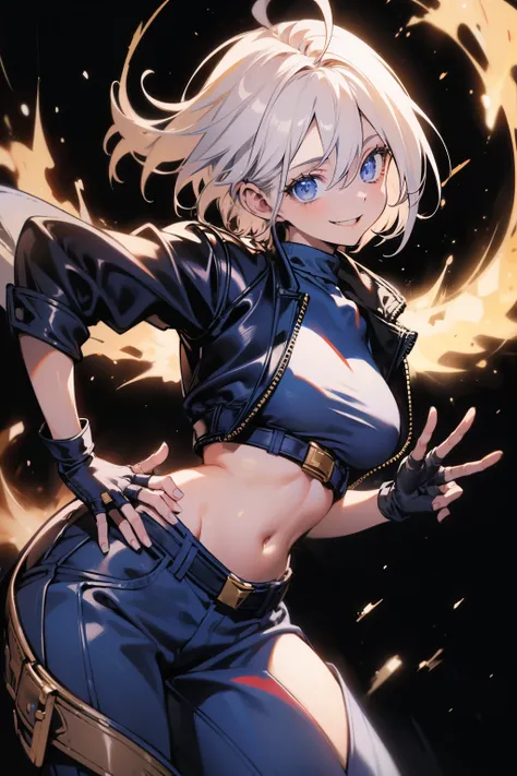 (masterpiece), best quality, expressive eyes, perfect face, highres, 1girl, solo, angelms, white hair, jacket, ahoge, fingerless gloves, midriff, hands to hips, leaning forward, smiling, fanstasy background, particles, magic, standing,cowboy shot, looking ...